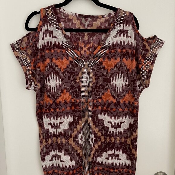 Studded Cold Shoulder Short Sleeve Top Eggplant Tribal Size XL - Picture 1 of 4
